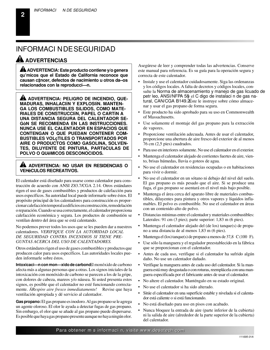 Desa 000 Btu/hr Models owner manual Información DE Seguridad, Advertencias 