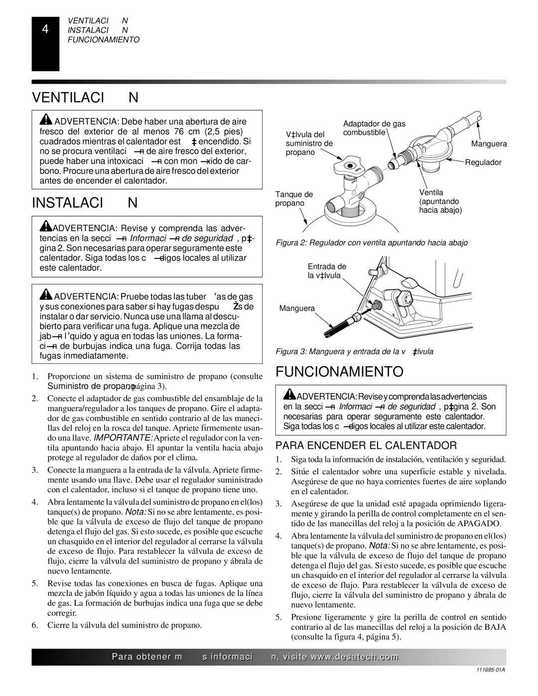 Desa 000 Btu/hr Models owner manual Ventilación, Instalación, Funcionamiento, Para Encender EL Calentador 