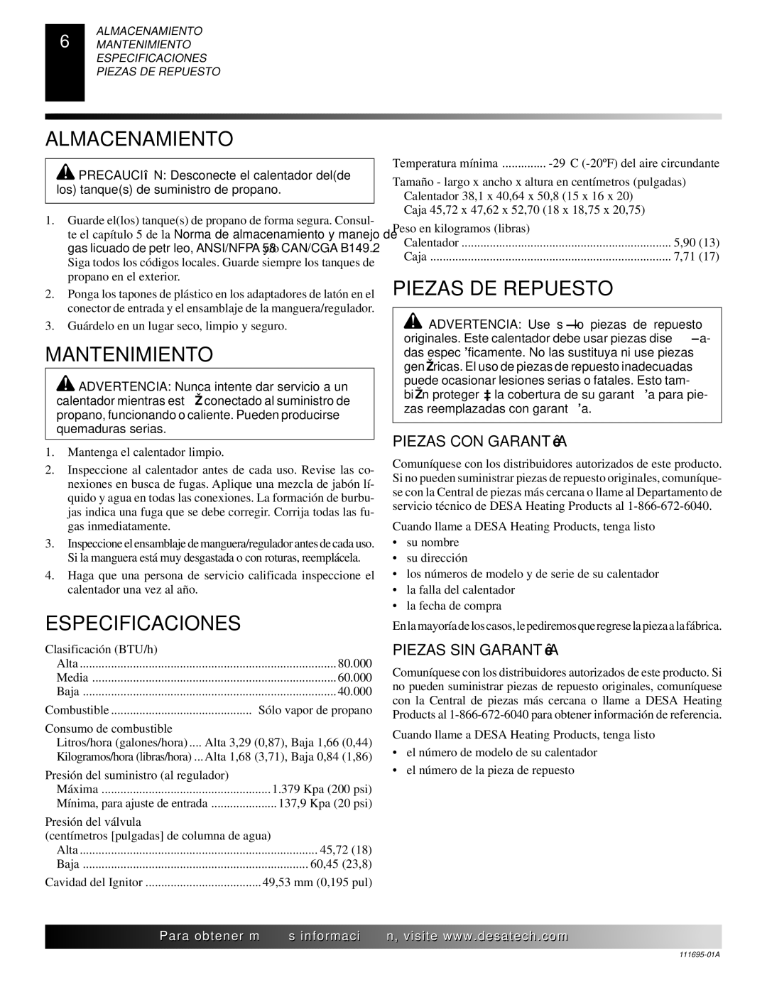 Desa 000 Btu/hr Models owner manual Almacenamiento, Mantenimiento, Especificaciones, Piezas DE Repuesto 