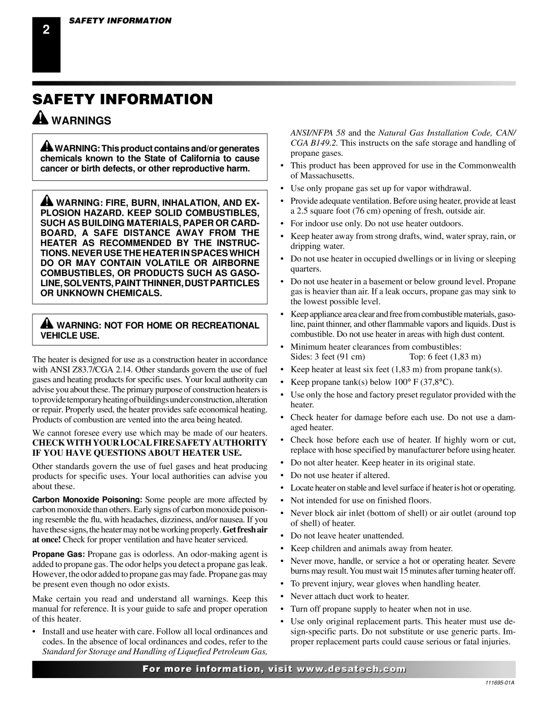 Desa 000 Btu/hr Models owner manual Safety Information 