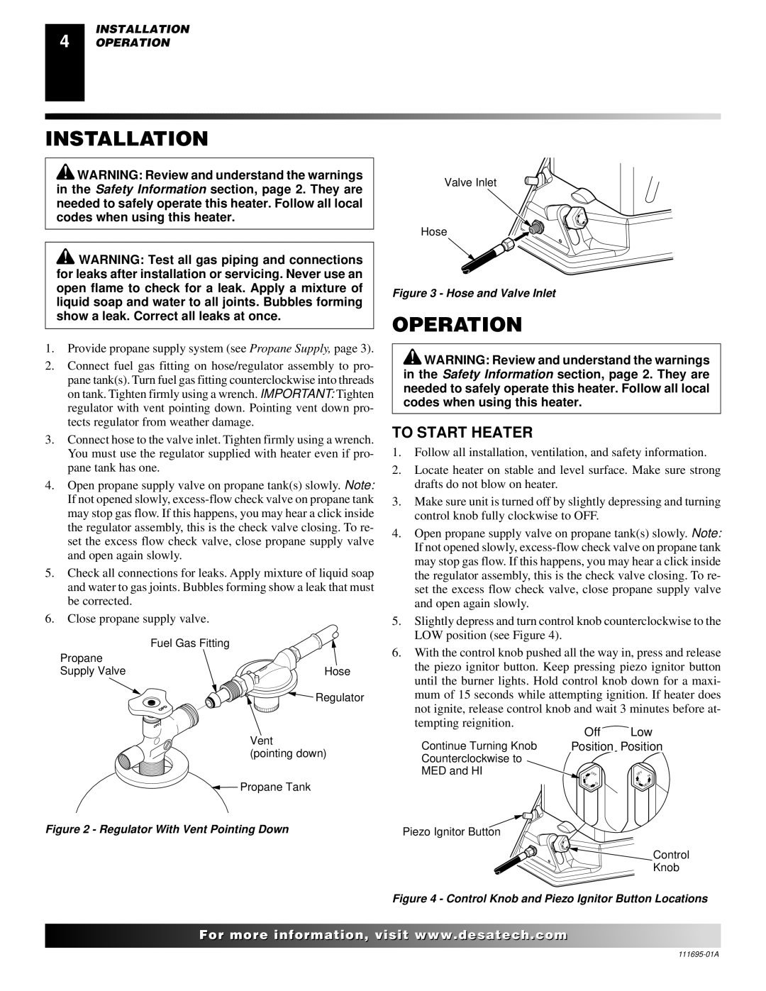 Desa 000 Btu/hr Models owner manual Installation, Operation, To Start Heater 