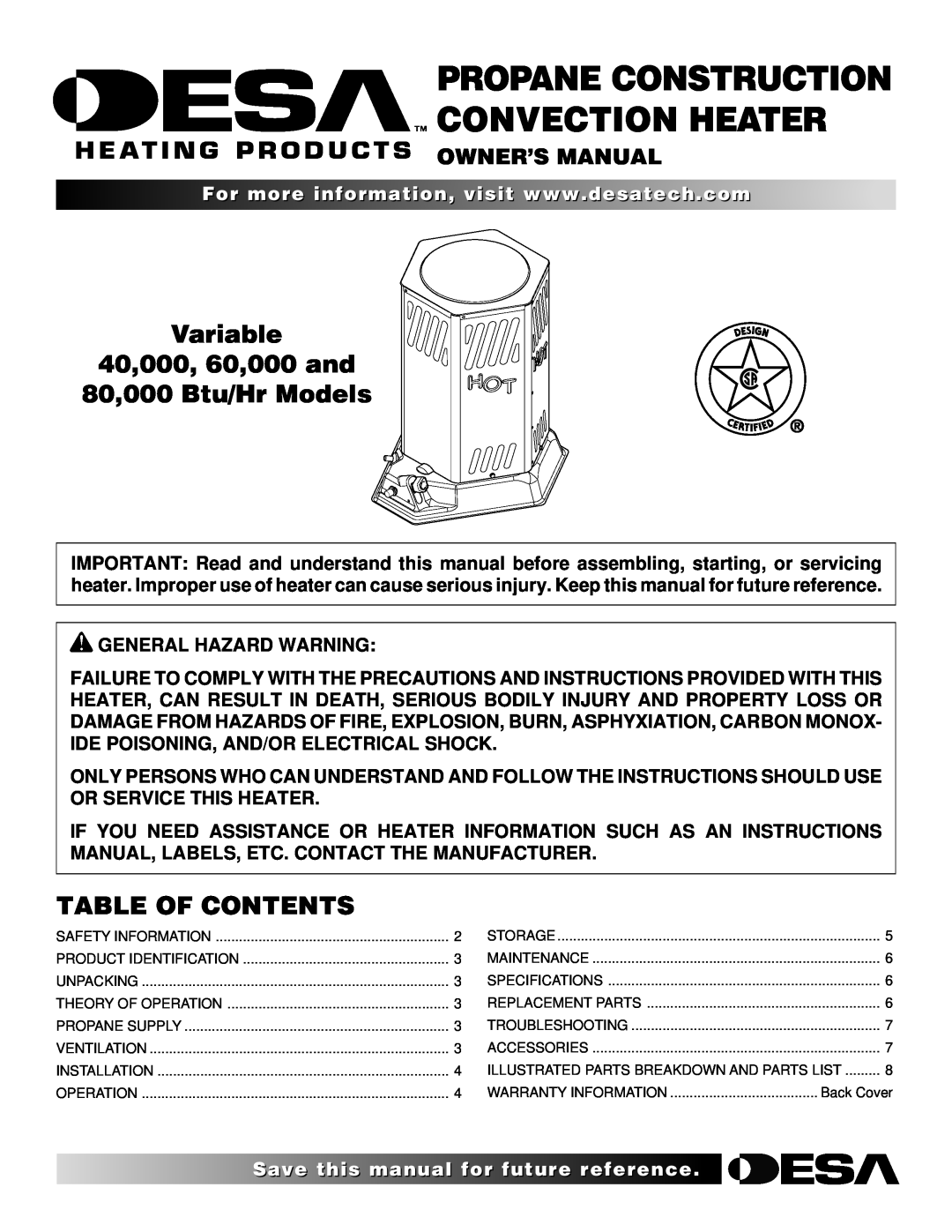 Desa 000 Btu/hr Models owner manual Variable 40,000, 60,000 and 80,000 Btu/Hr Models, Table Of Contents 