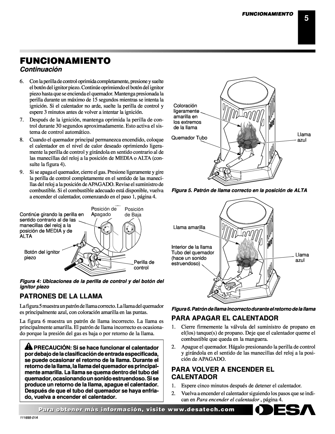 Desa 000 Btu/hr Models owner manual Funcionamiento, Continuació n, Patrones De La Llama, Para Apagar El Calentador 
