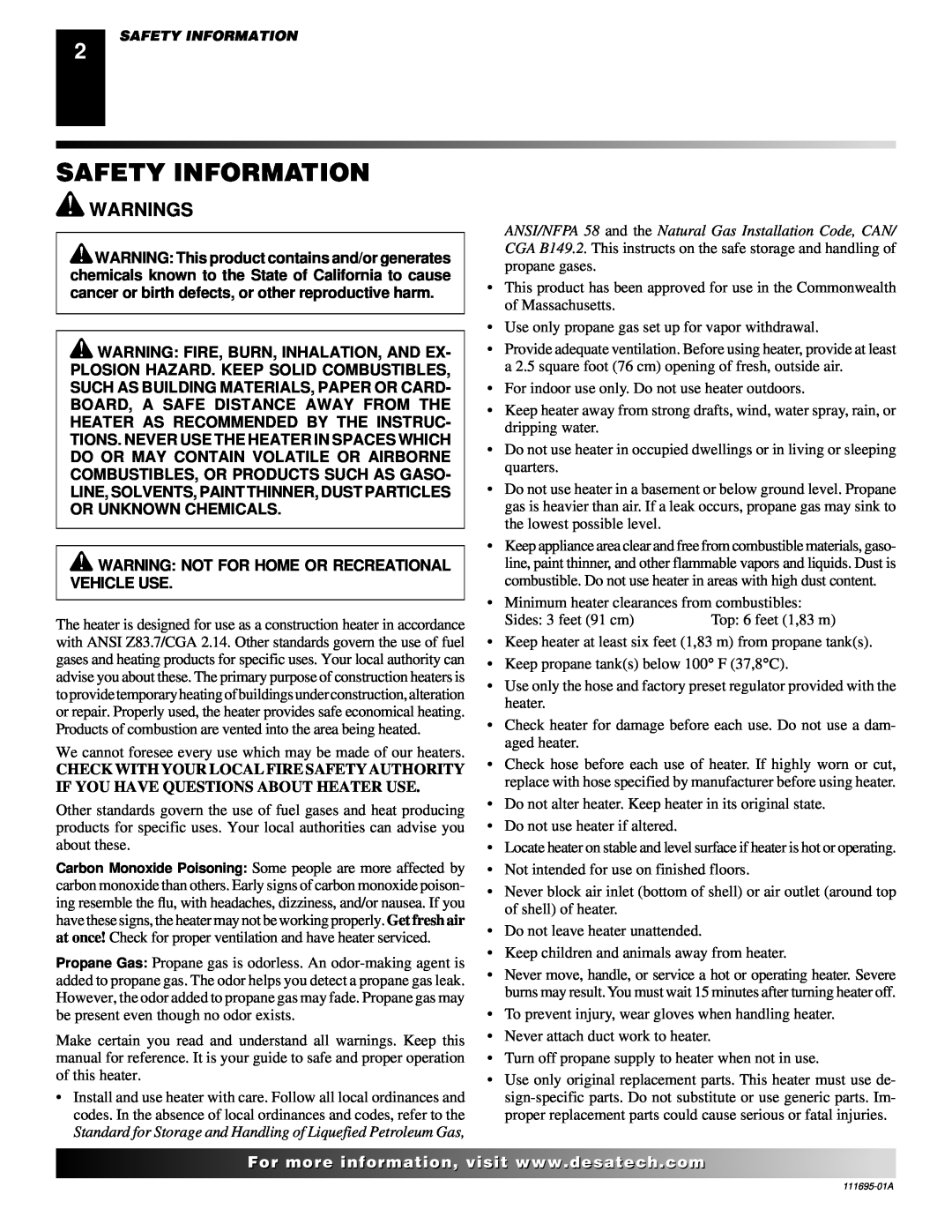 Desa 000 Btu/hr Models owner manual Safety Information, Warnings 