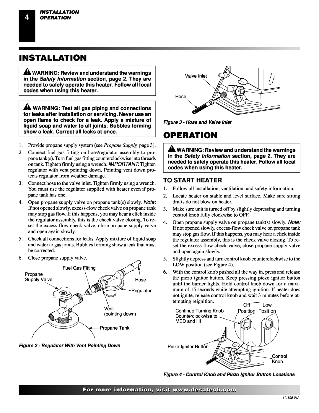 Desa 000 Btu/hr Models owner manual Installation, Operation, To Start Heater 
