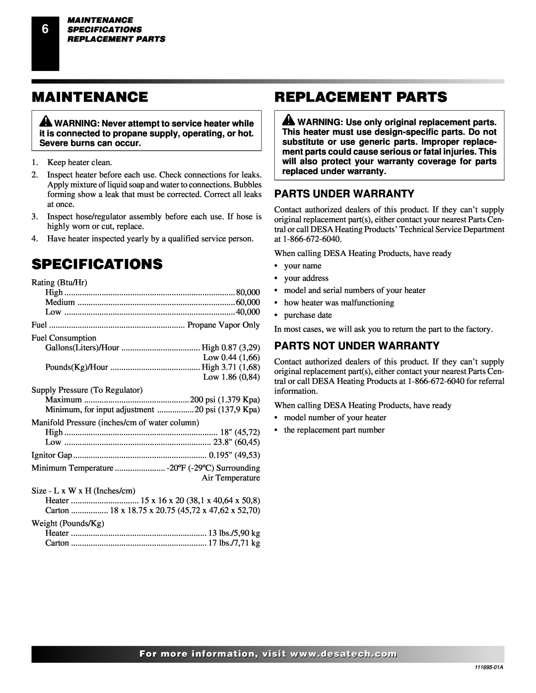 Desa 000 Btu/hr Models Maintenance, Replacement Parts, Specifications, Parts Under Warranty, Parts Not Under Warranty 