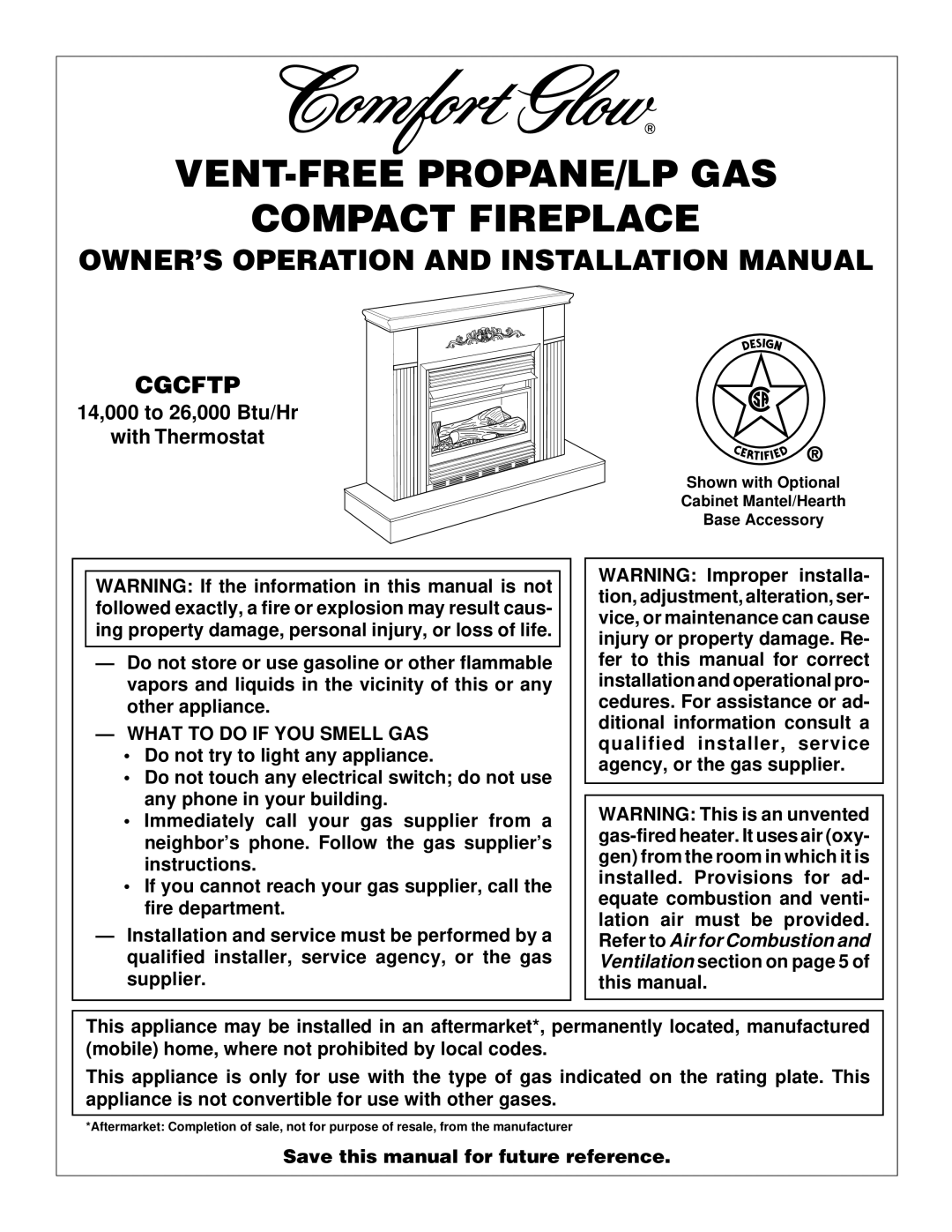 Desa CGCFTP 14, 000 to 26 installation manual VENT-FREE PROPANE/LP GAS Compact Fireplace, What to do if YOU Smell GAS 