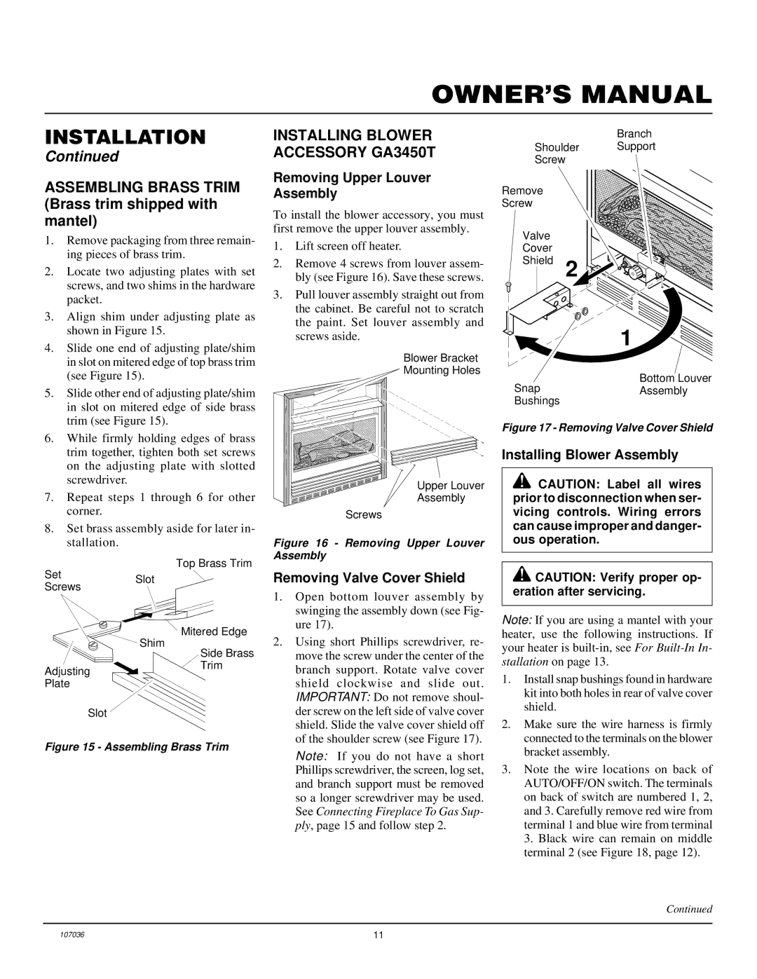 Desa CGCFTP 14, 000 to 26 Installing Blower Accessory GA3450T, Removing Upper Louver Assembly, Installing Blower Assembly 