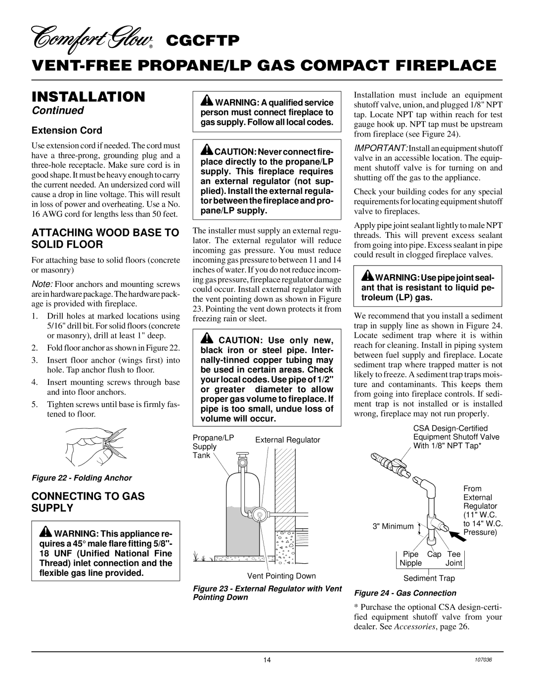 Desa 000 to 26, CGCFTP 14 installation manual Attaching Wood Base to Solid Floor, Connecting to GAS Supply, Extension Cord 