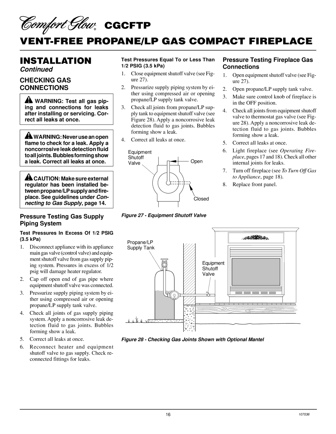 Desa 000 to 26, CGCFTP 14 installation manual Checking GAS Connections, Pressure Testing Gas Supply Piping System 