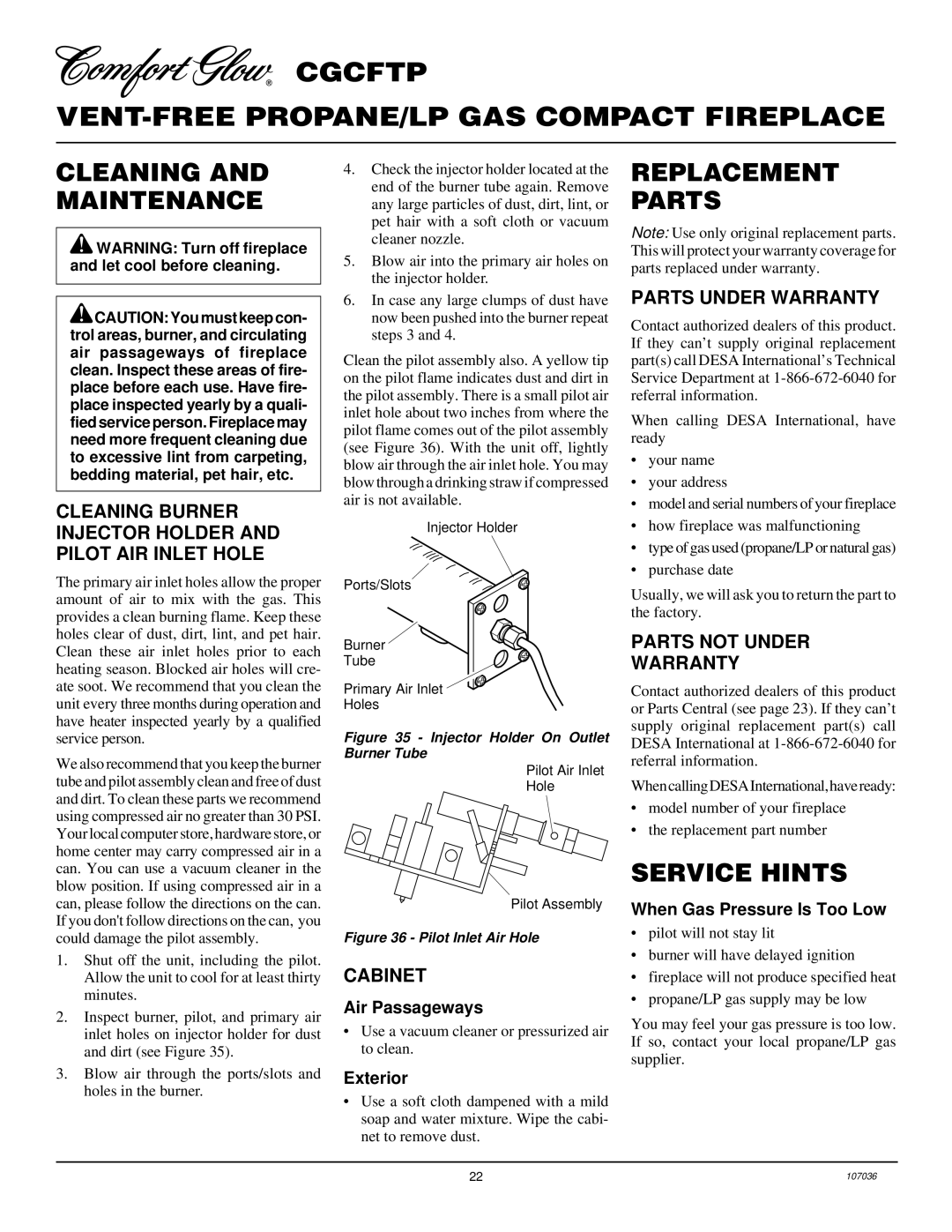 Desa 000 to 26, CGCFTP 14 installation manual Cleaning and Maintenance, Replacement Parts, Service Hints 