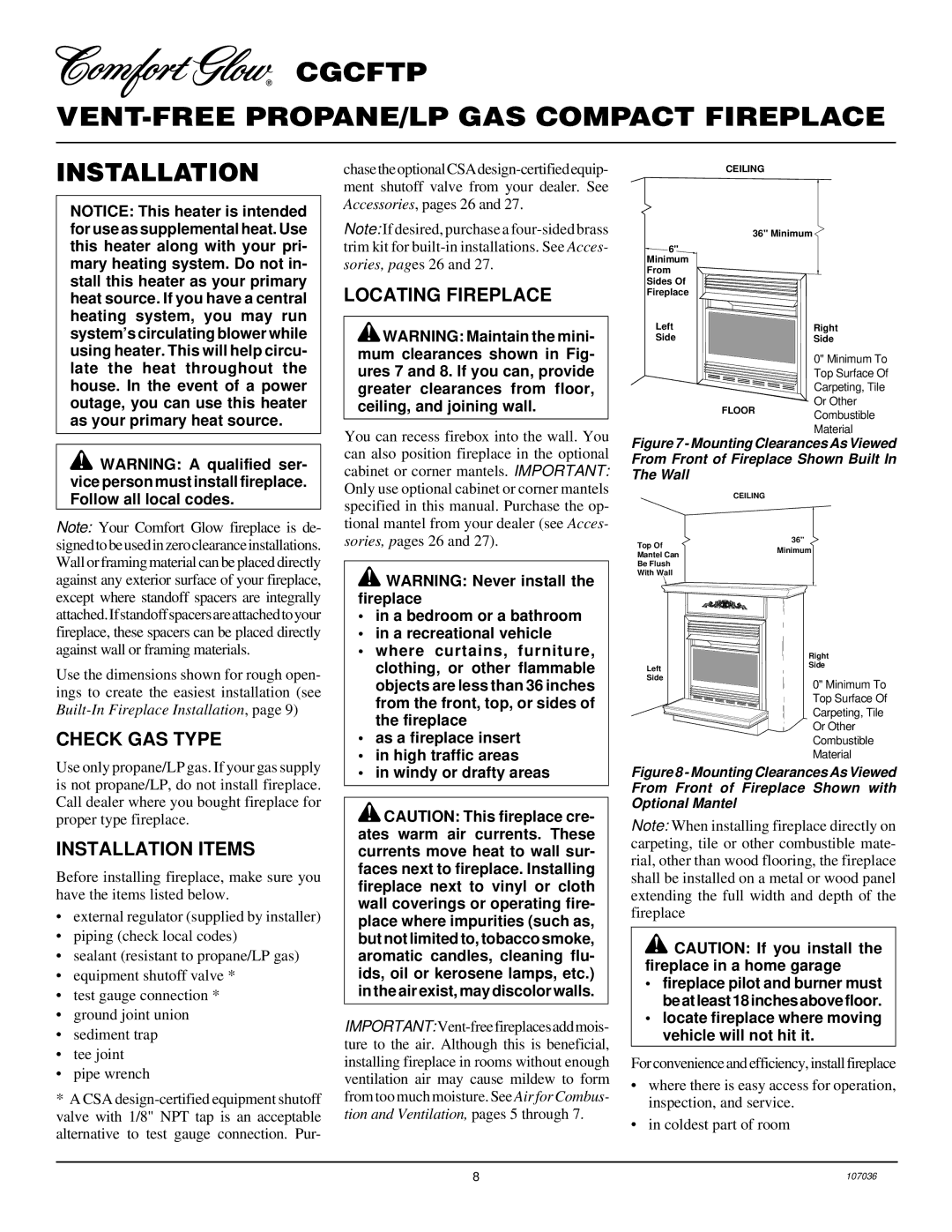 Desa 000 to 26, CGCFTP 14 installation manual Locating Fireplace, Check GAS Type, Installation Items 