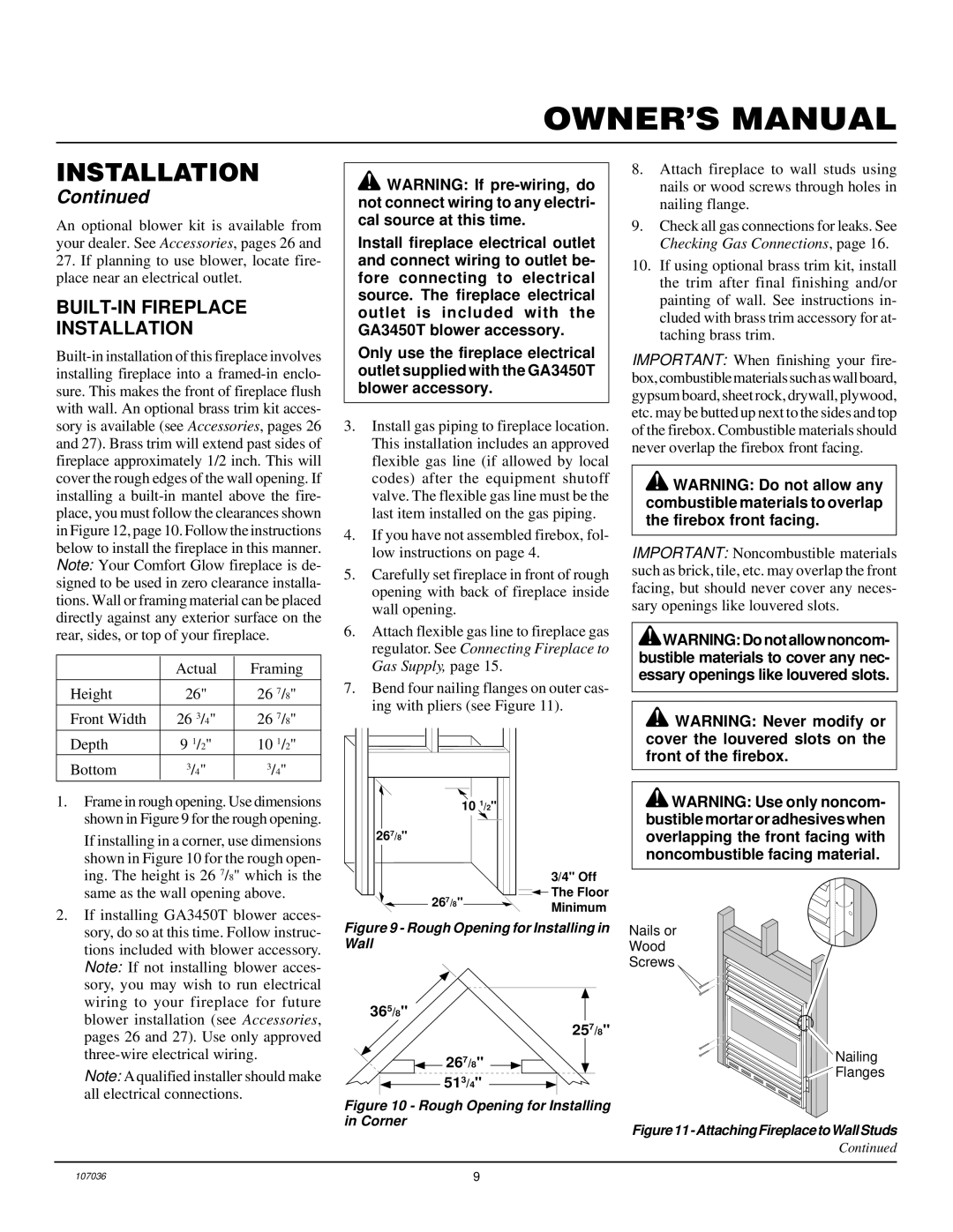 Desa CGCFTP 14, 000 to 26 installation manual BUILT-IN Fireplace Installation, Rough Opening for Installing in Wall 