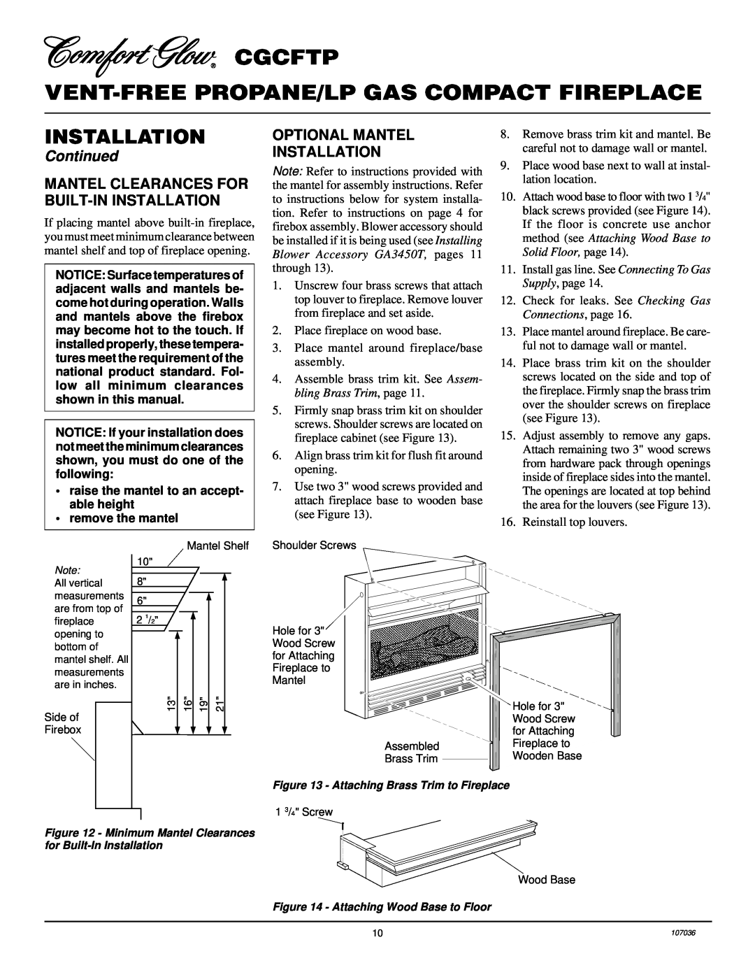Desa 000 to 26, CGCFTP 14 Mantel Clearances For Built-Ininstallation, Optional Mantel Installation, Continued 