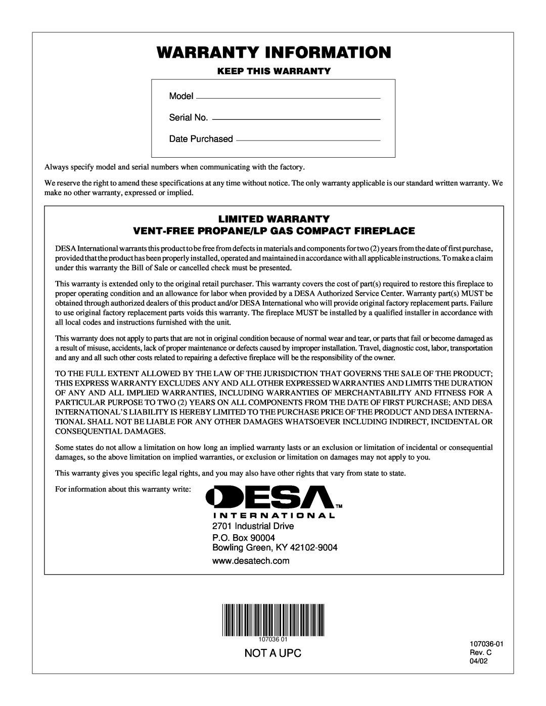 Desa 000 to 26 Warranty Information, Limited Warranty, Vent-Freepropane/Lp Gas Compact Fireplace, NOT A UPCRev. C 