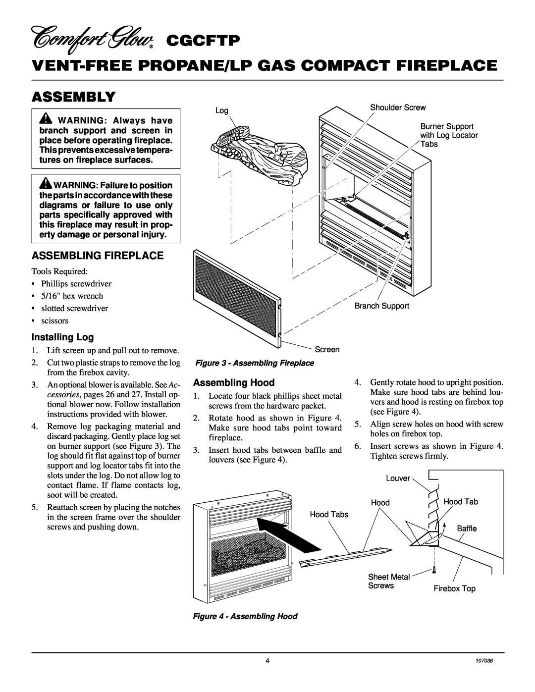 Desa 000 to 26, CGCFTP 14 installation manual Assembly, Assembling Fireplace, Installing Log, Assembling Hood 