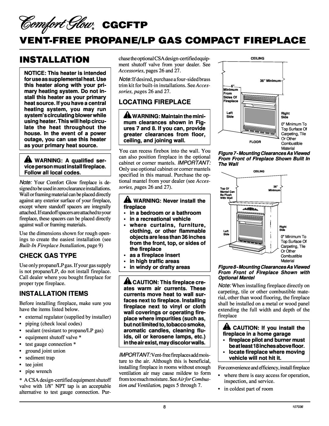 Desa 000 to 26, CGCFTP 14 installation manual Locating Fireplace, Check Gas Type, Installation Items 