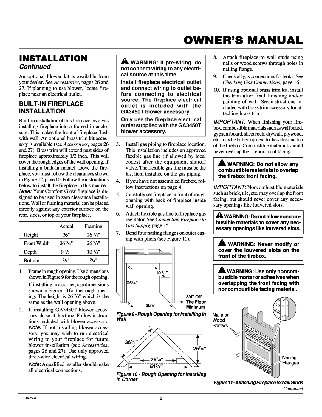 Desa CGCFTP 14, 000 to 26 installation manual Built-Infireplace Installation, Continued 