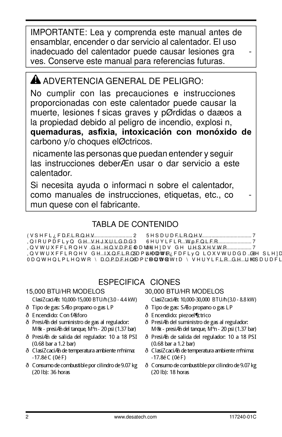 Desa 10 Advertencia General DE Peligro, Tabla de contenido, Especificaciones, 15,000 Btu/Hr ModelOs, 30,000 Btu/Hr ModelOs 