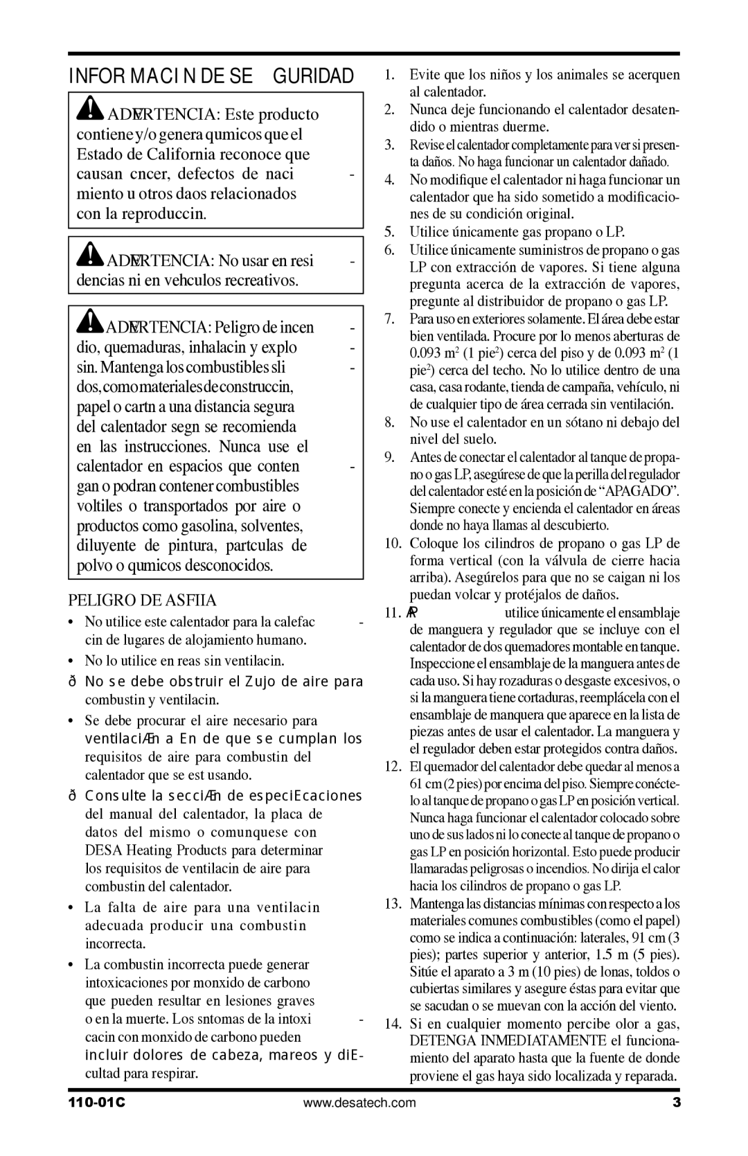 Desa 000 BTu, 10, 000-30 owner manual Información de seguridad, Peligro DE Asfixia, Utilice únicamente gas propano o LP 