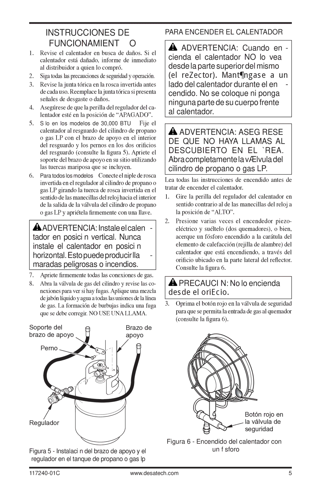 Desa 10, 000 BTu, 000-30 owner manual Instrucciones de funcionamiento, Para Encender EL Calentador 