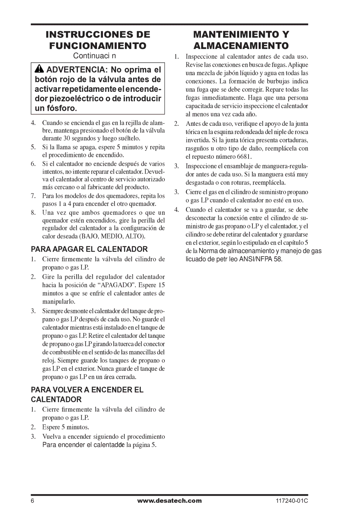 Desa 000 BTu, 10, 000-30 Mantenimiento y almacenamiento, Para Apagar EL Calentador, Para Volver a Encender EL Calentador 