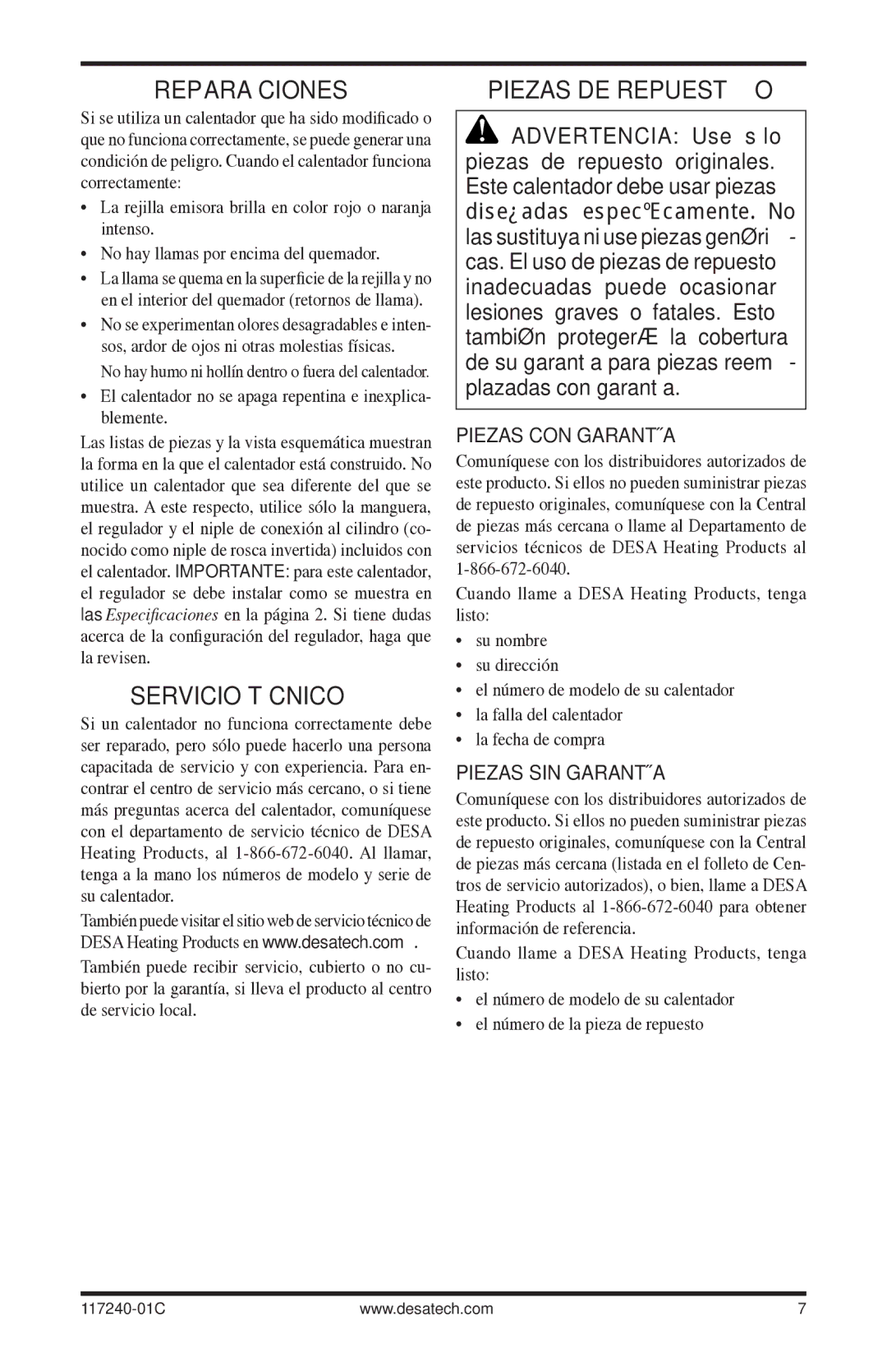 Desa 000-30, 10, 000 BTu Reparaciones, Servicio técnico, Piezas de repuesto, Piezas CON Garantía, Piezas SIN Garantía 