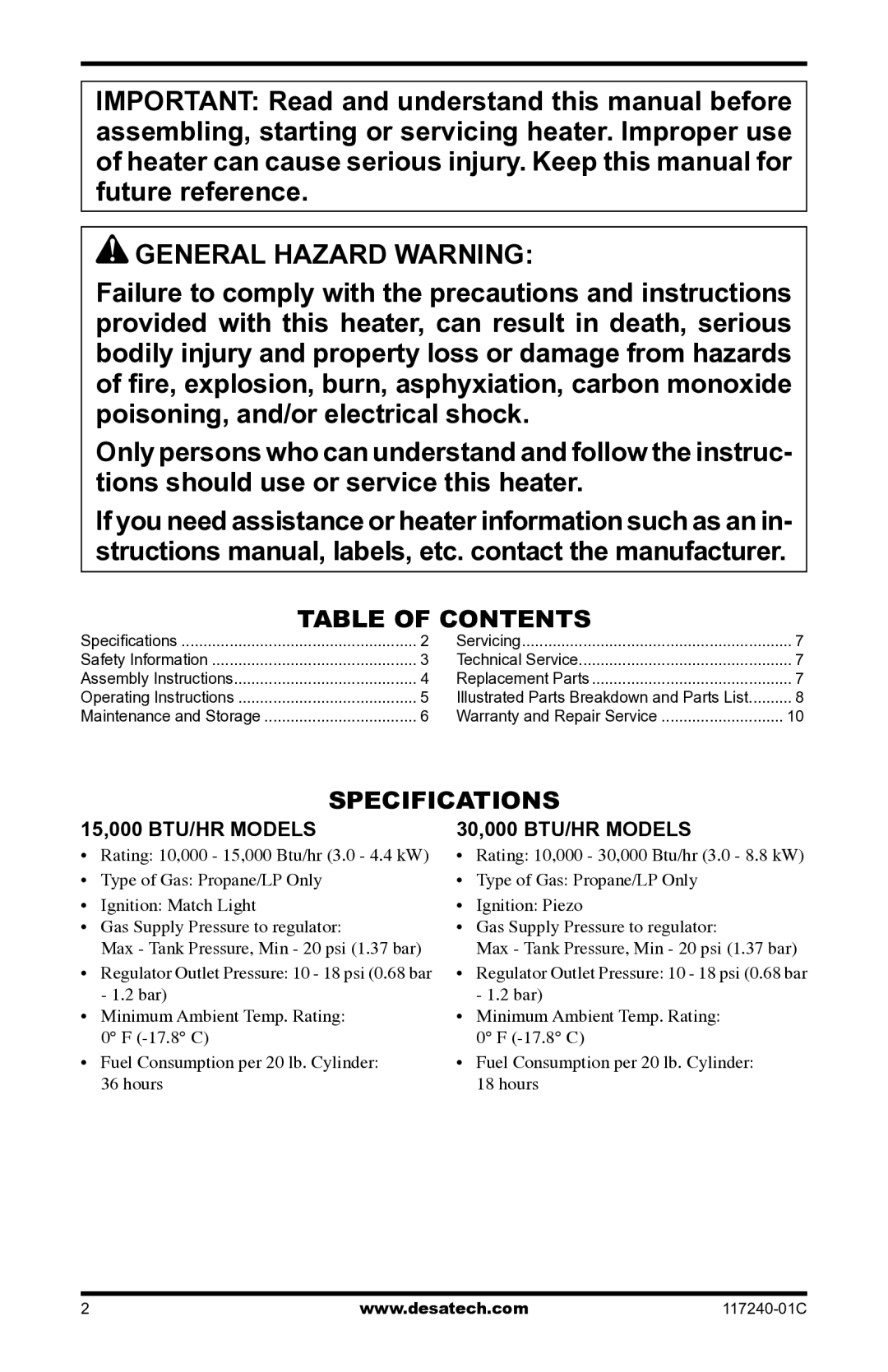 Desa 000-30, 10, 000 BTu owner manual General Hazard Warning, Specifications, 15,000 Btu/Hr Models, 30,000 Btu/Hr Models 