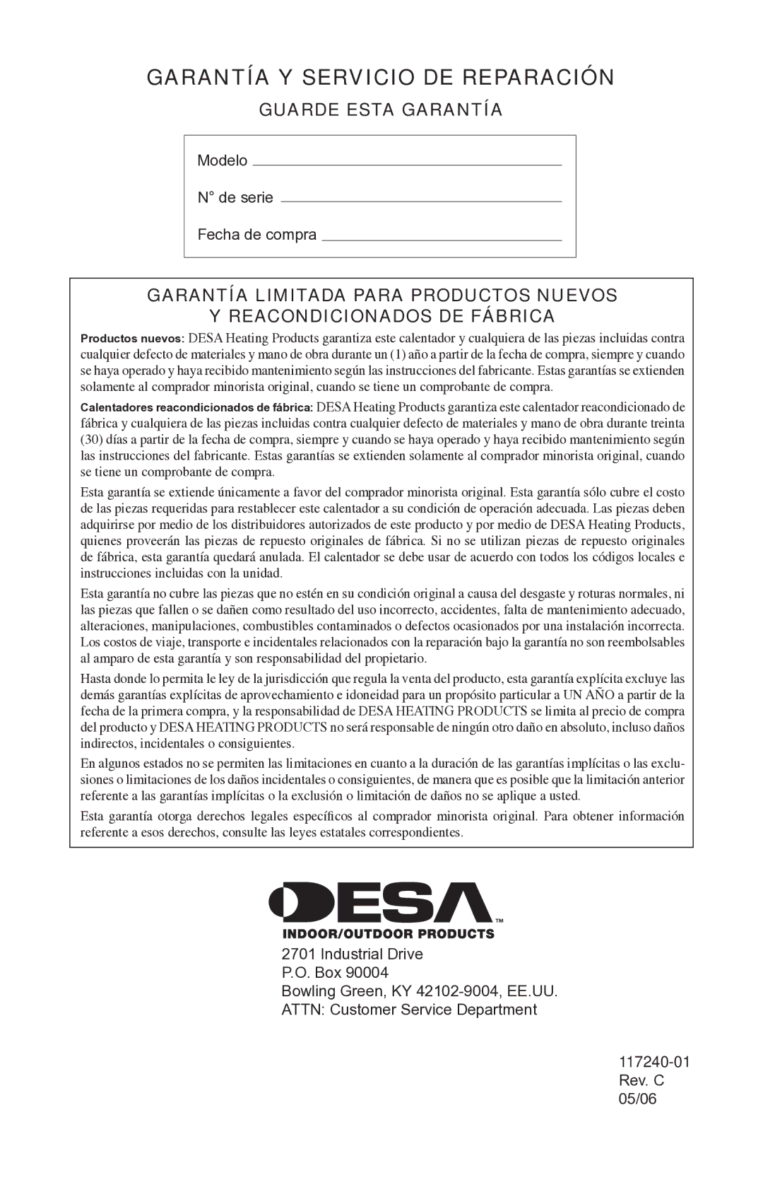 Desa 000-30, 10, 000 BTu owner manual Garantía y servicio de reparación, Guarde Esta Garantía 