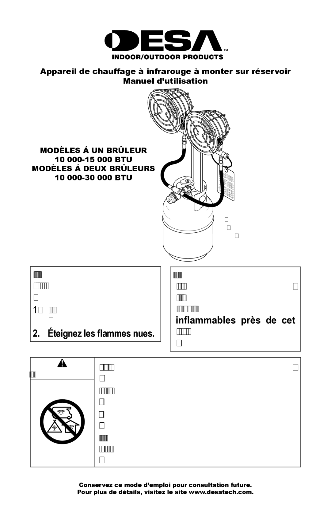 Desa 10, 000 BTu, 000-30 Risque D’EMPOISONNEMENT AU MO- Noxyde DE Carbone, Éteignez les flammes nues, Avertissement 