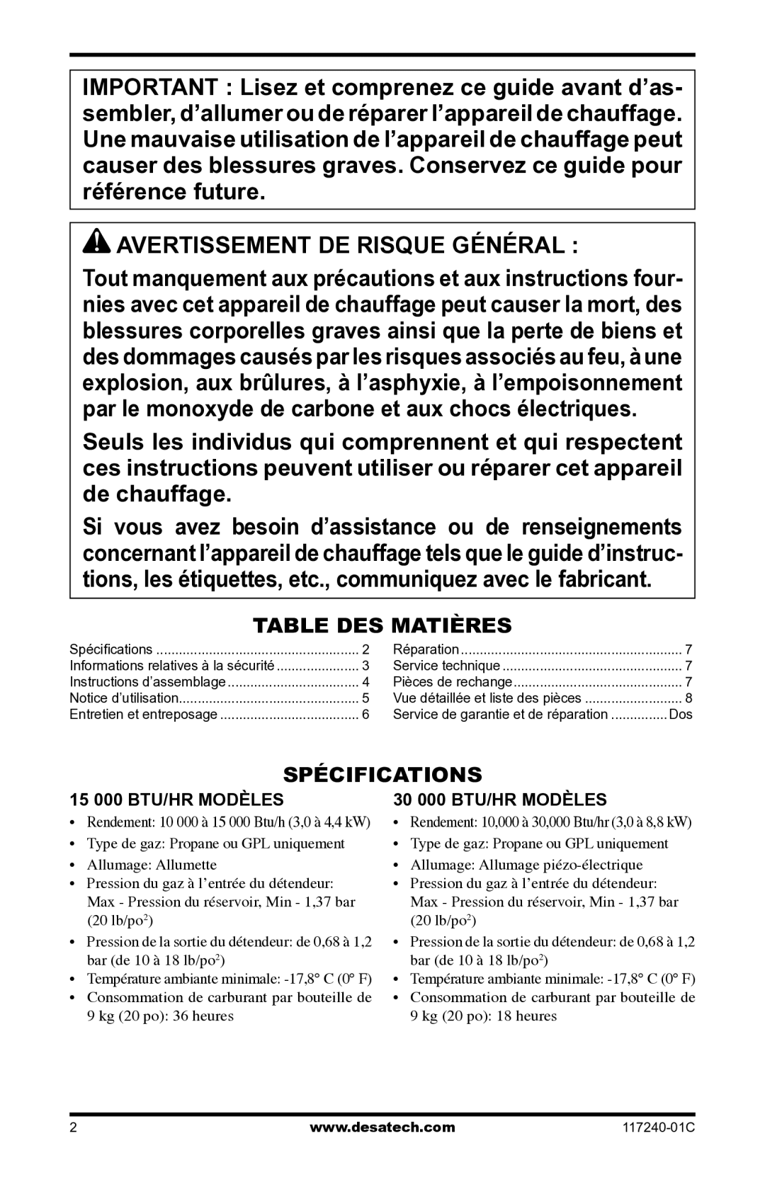 Desa 000 BTu, 10, 000-30 Avertissement DE Risque Général, Table des matières, Spécifications, 15 000 Btu/Hr Modèles 