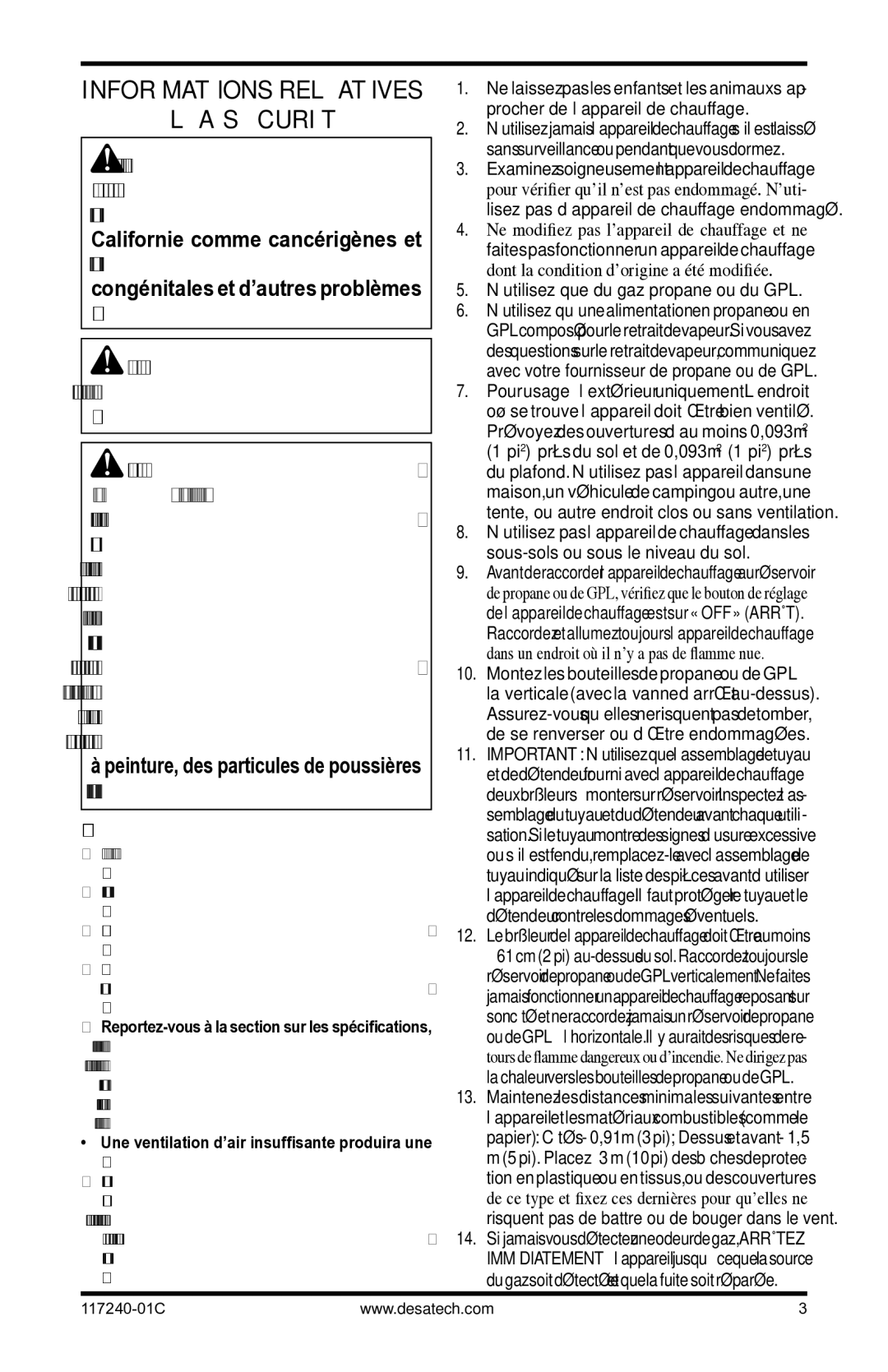 Desa 000-30, 10, 000 BTu Informations relatives La sécurité, Risque D’ASPHYXIE, ’utilisez que du gaz propane ou du GPL 