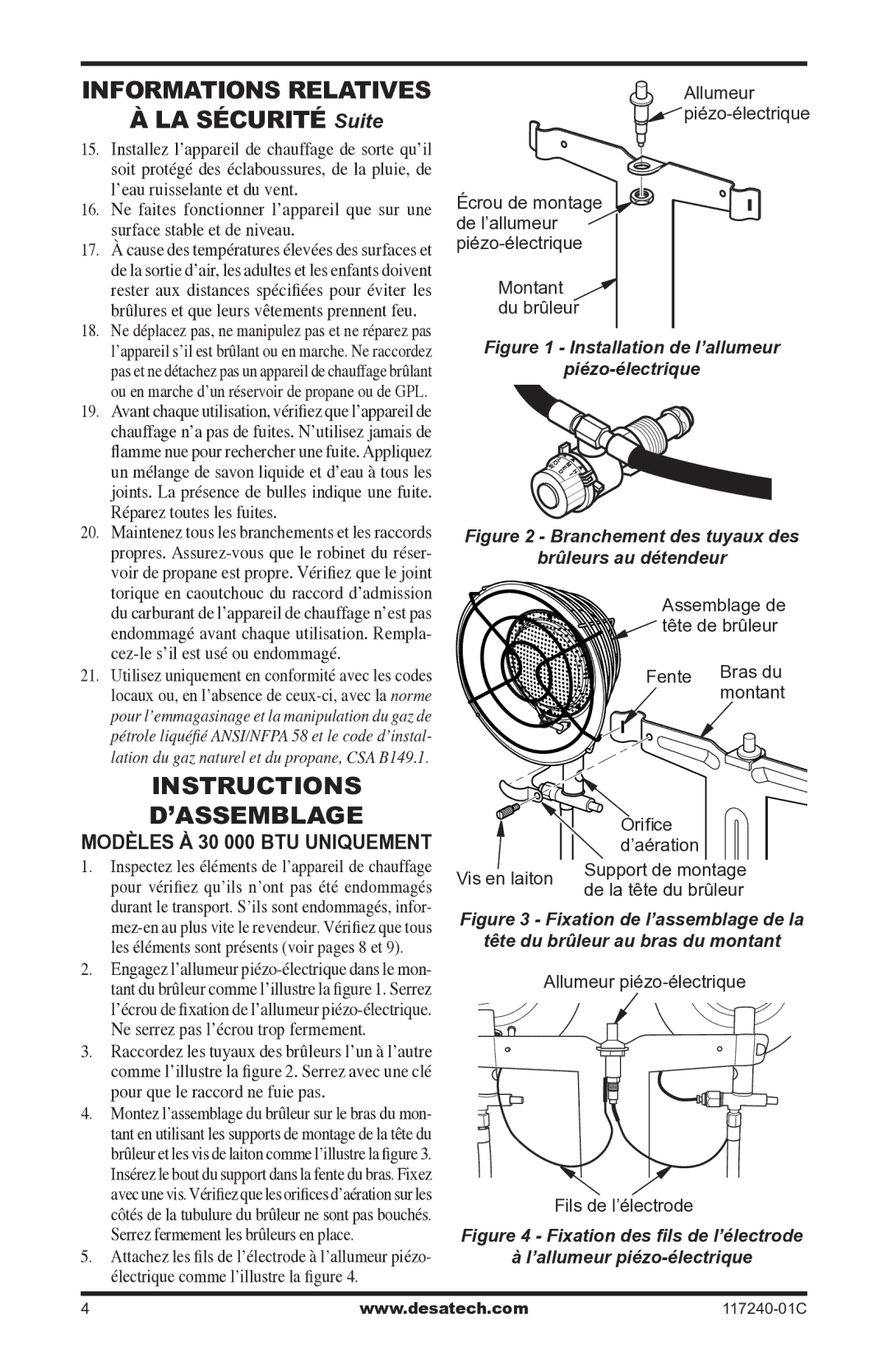 Desa 10, 000 BTu, 000-30 owner manual LA Sécurité Suite, Instructions d’assemblage, Modèles À 30 000 BTU Uniquement 