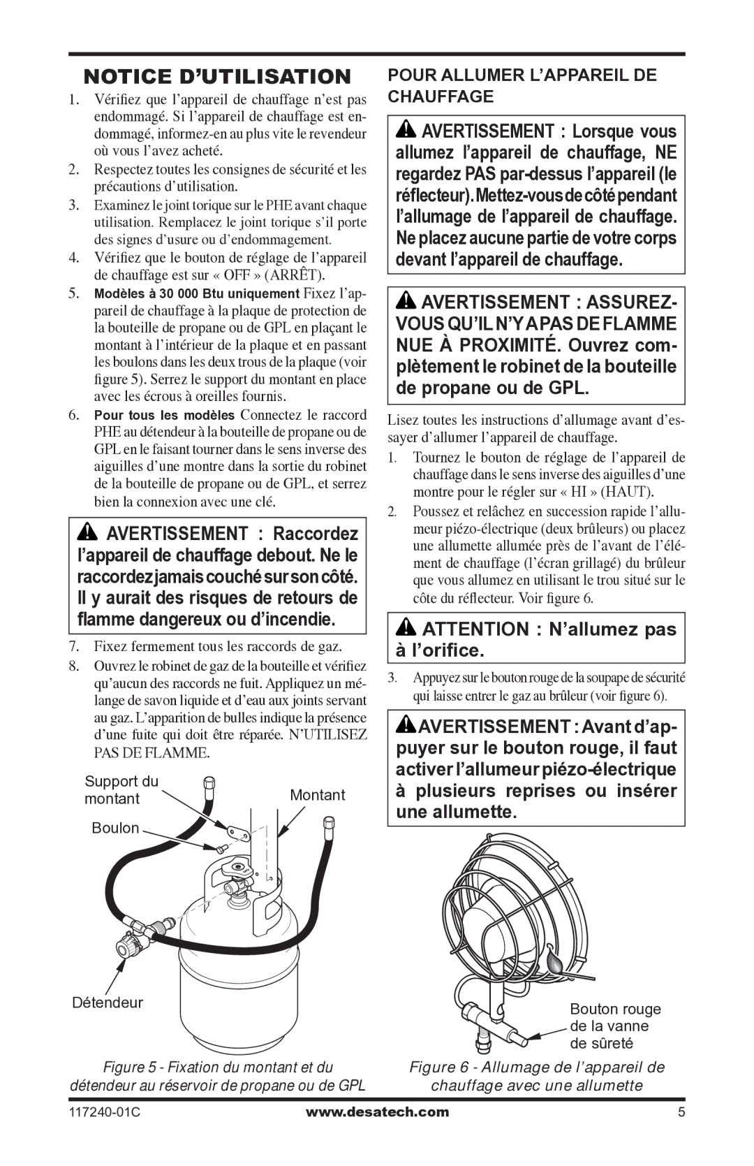 Desa 000 BTu, 10, 000-30 owner manual Pour Allumer L’APPAREIL DE Chauffage, Fixez fermement tous les raccords de gaz 