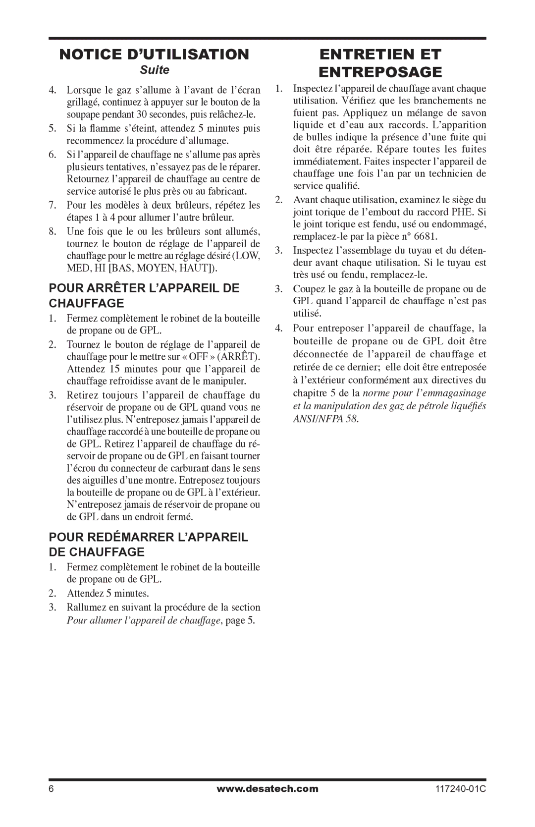 Desa 000-30, 10 Entretien et entreposage, Pour Arrêter L’APPAREIL DE Chauffage, Pour Redémarrer L’APPAREIL DE Chauffage 