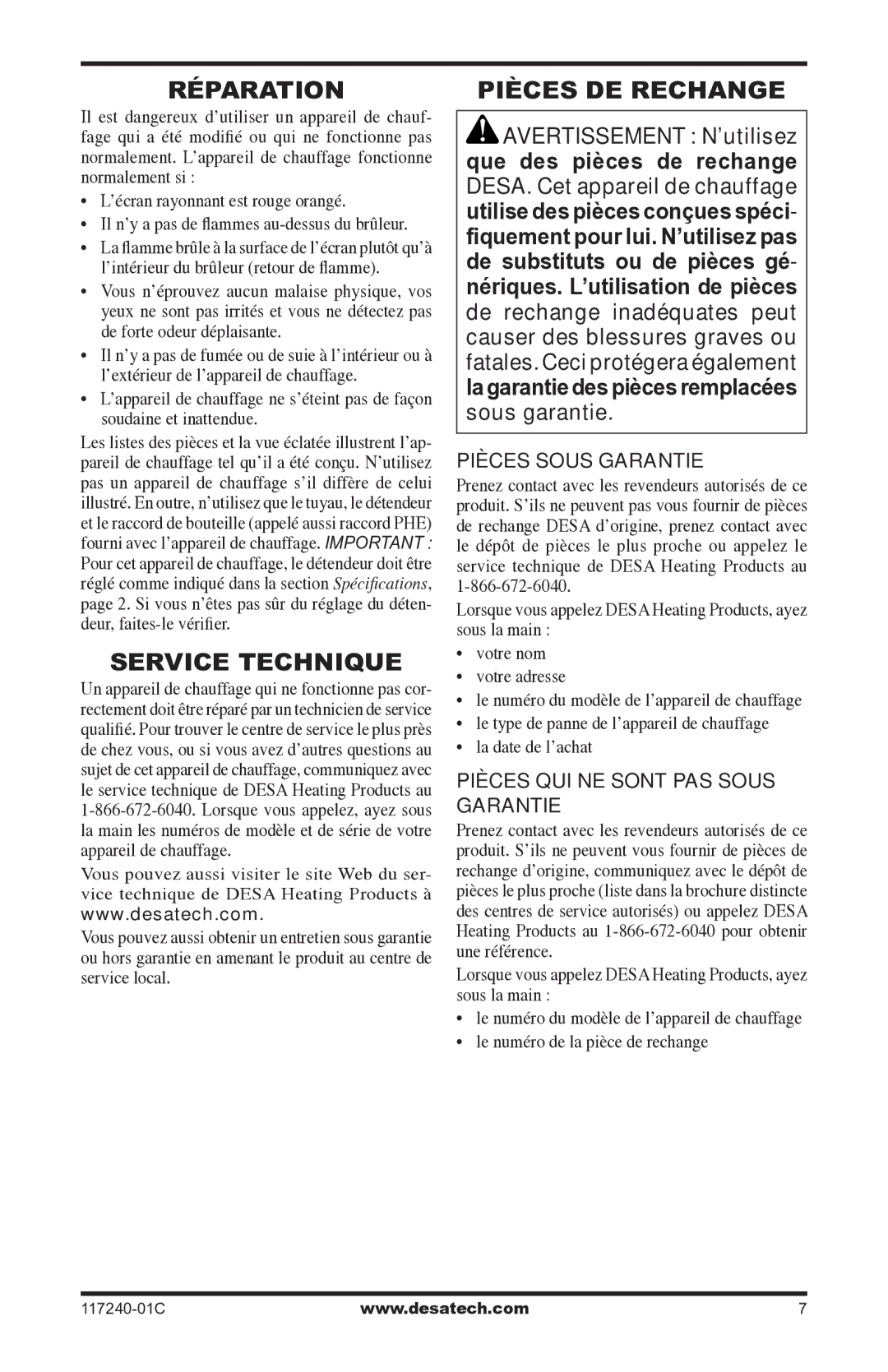 Desa 10 Réparation, Service technique, Pièces de rechange, Pièces Sous Garantie, Pièces QUI NE Sont PAS Sous Garantie 