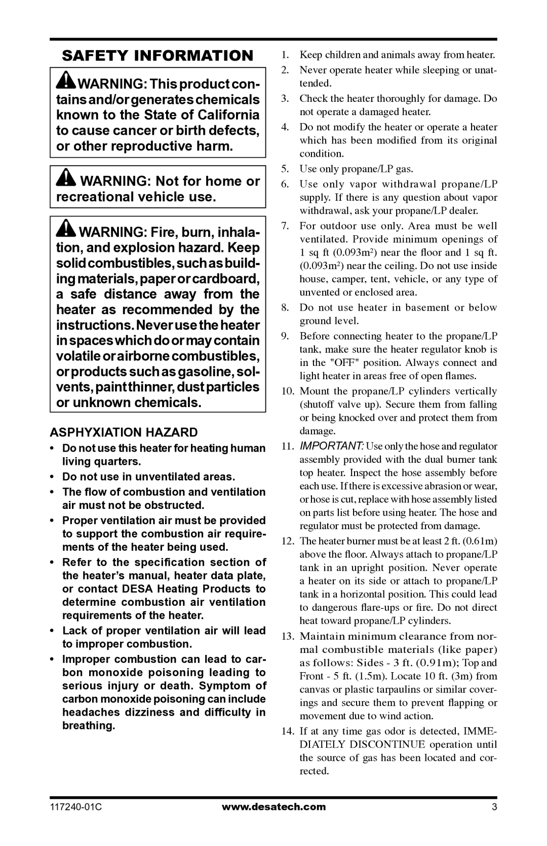 Desa 10, 000 BTu, 000-30 owner manual Safety Information, Asphyxiation Hazard 