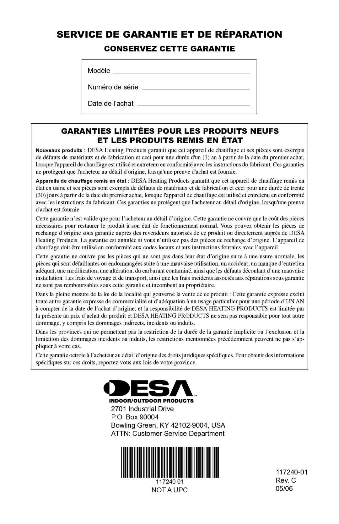 Desa 000-30, 10, 000 BTu owner manual Service de garantie et de réparation, Conservez Cette Garantie 