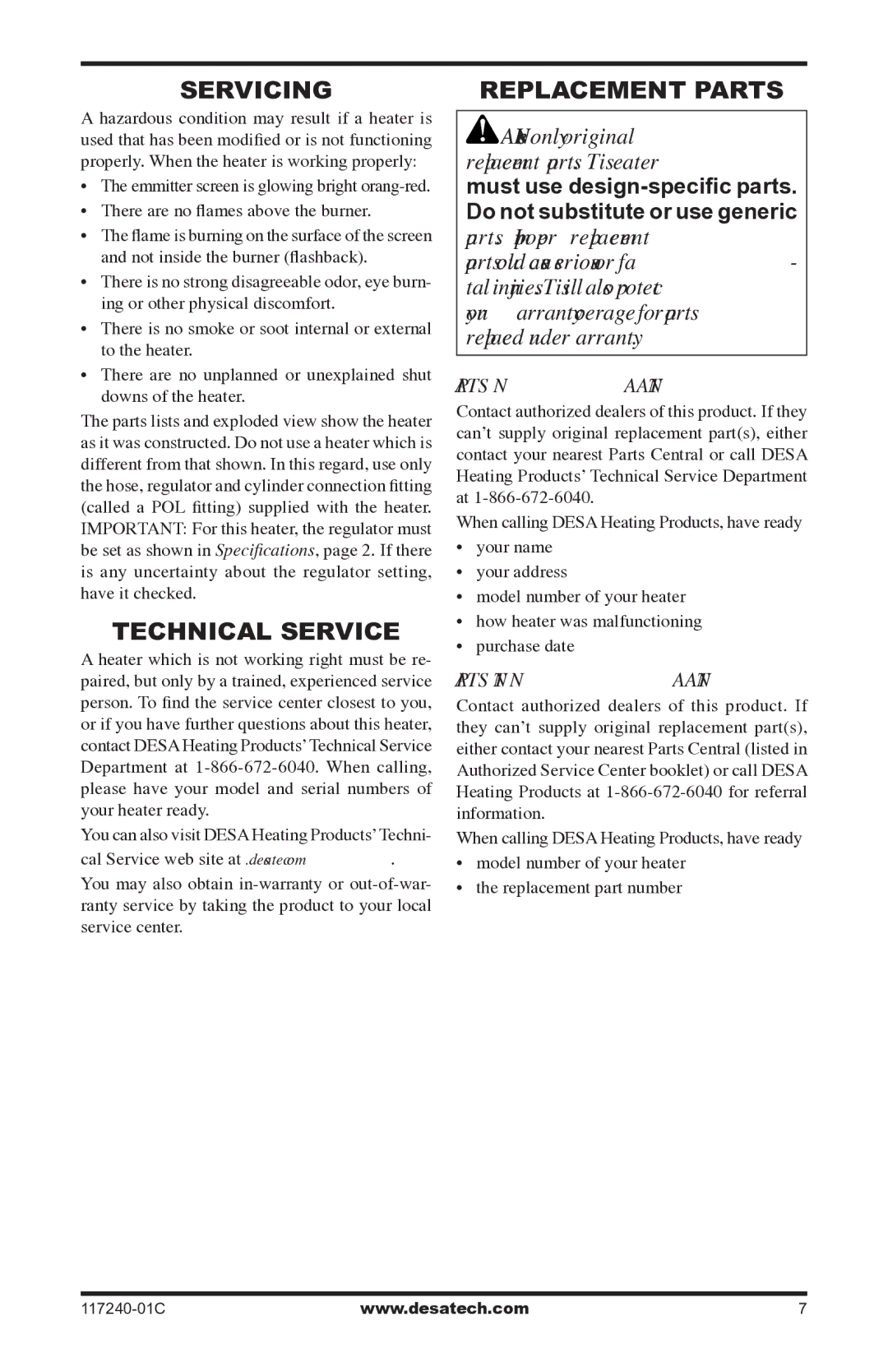 Desa 000 BTu, 10, 000-30 Servicing, Technical Service, Replacement Parts, Parts Under Warranty, Parts Not Under Warranty 