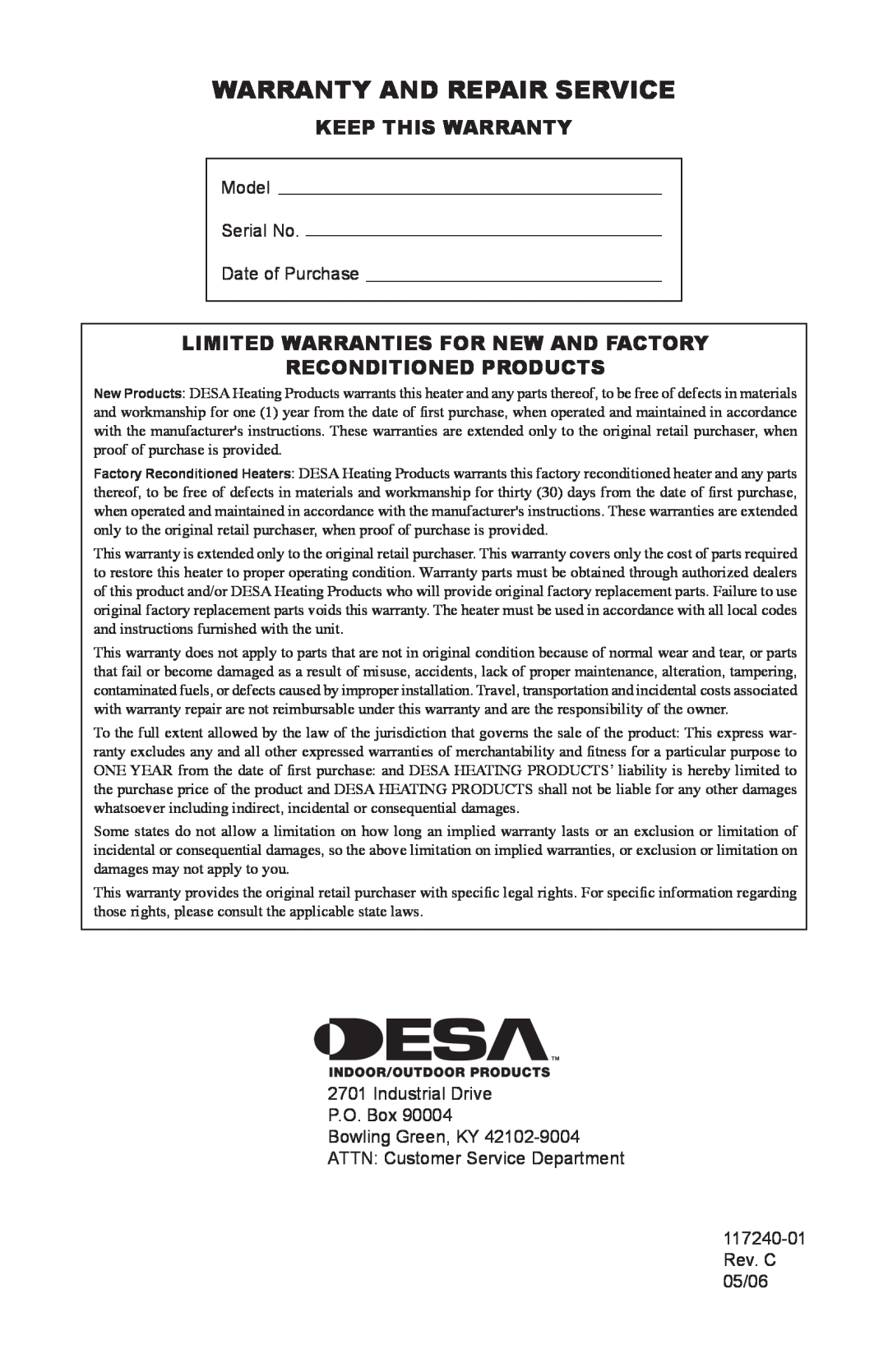 Desa 000 BTu, 10, 000-30 owner manual Warranty and Repair Service, Keep This Warranty, Limited Warranties For New And Factory 
