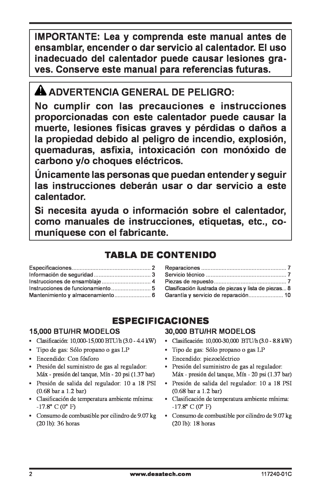 Desa 10, 000 BTu, 000-30 owner manual Advertencia General De Peligro 