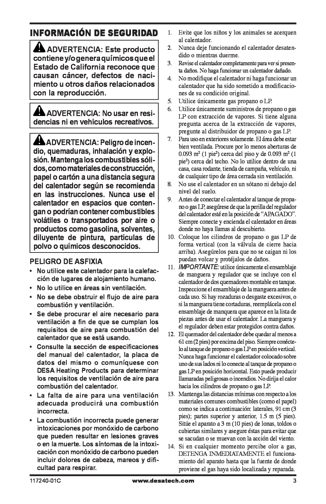 Desa 000 BTu, 10, 000-30 owner manual Información de seguridad, Peligro De Asfixia 