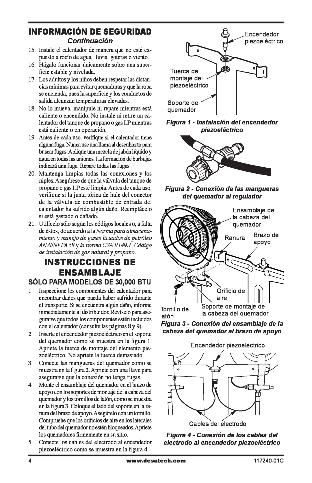 Desa 000-30, 10, 000 BTu Instrucciones de ensamblaje, Continuación, Figura 1 - Instalación del encendedor, piezoeléctrico 