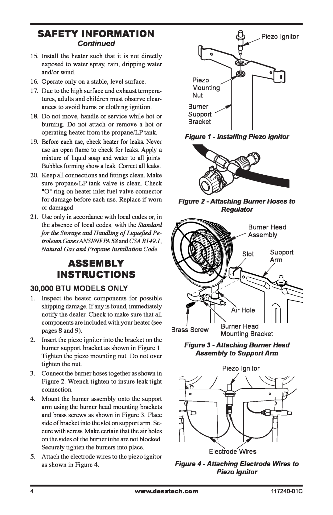 Desa 000 BTu, 10 Safety Information, Assembly Instructions, Continued, Installing Piezo Ignitor, Attaching Burner Head 