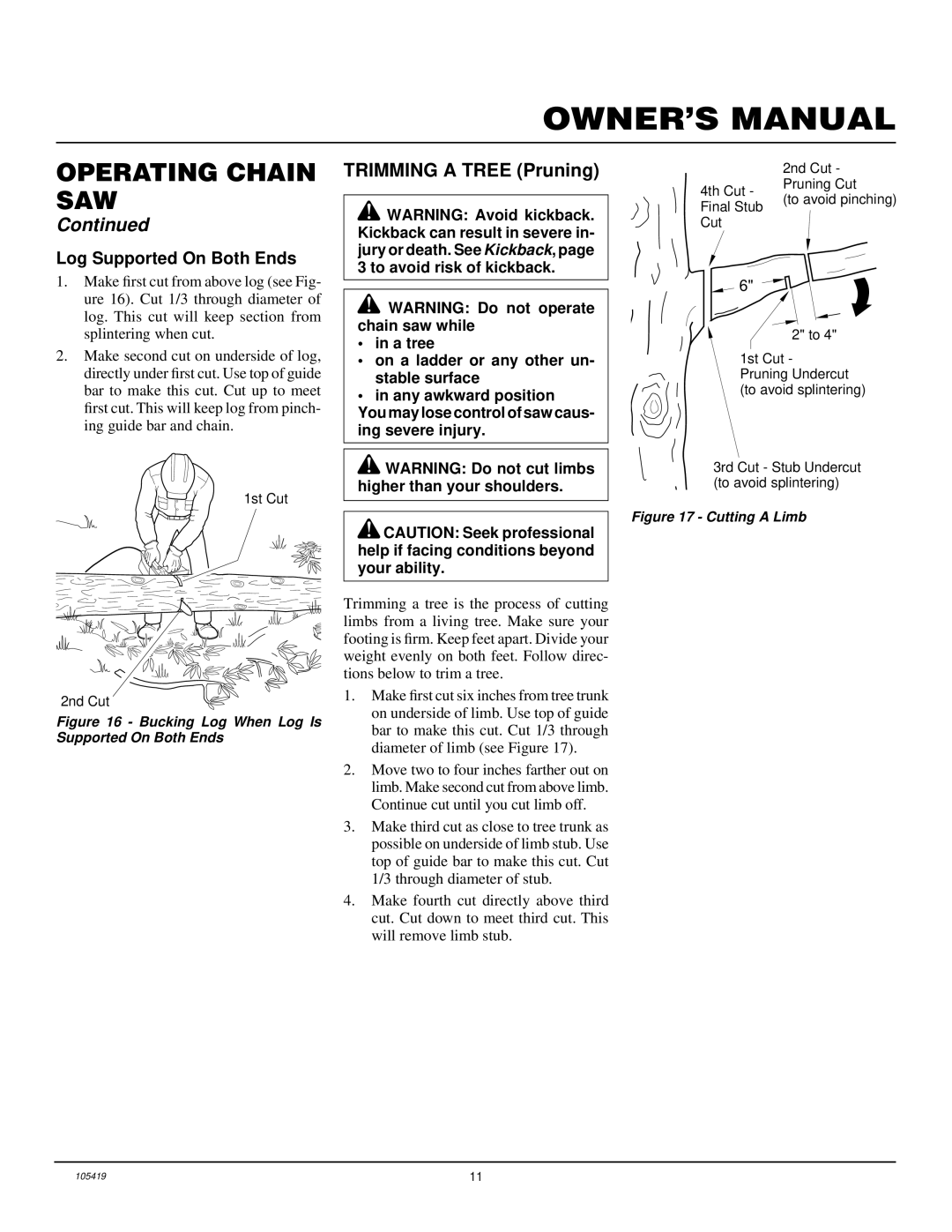 Desa 100015, 100089-01, 076728K, 076702J, 104316-04, 075762J owner manual Trimming a Tree Pruning, Log Supported On Both Ends 