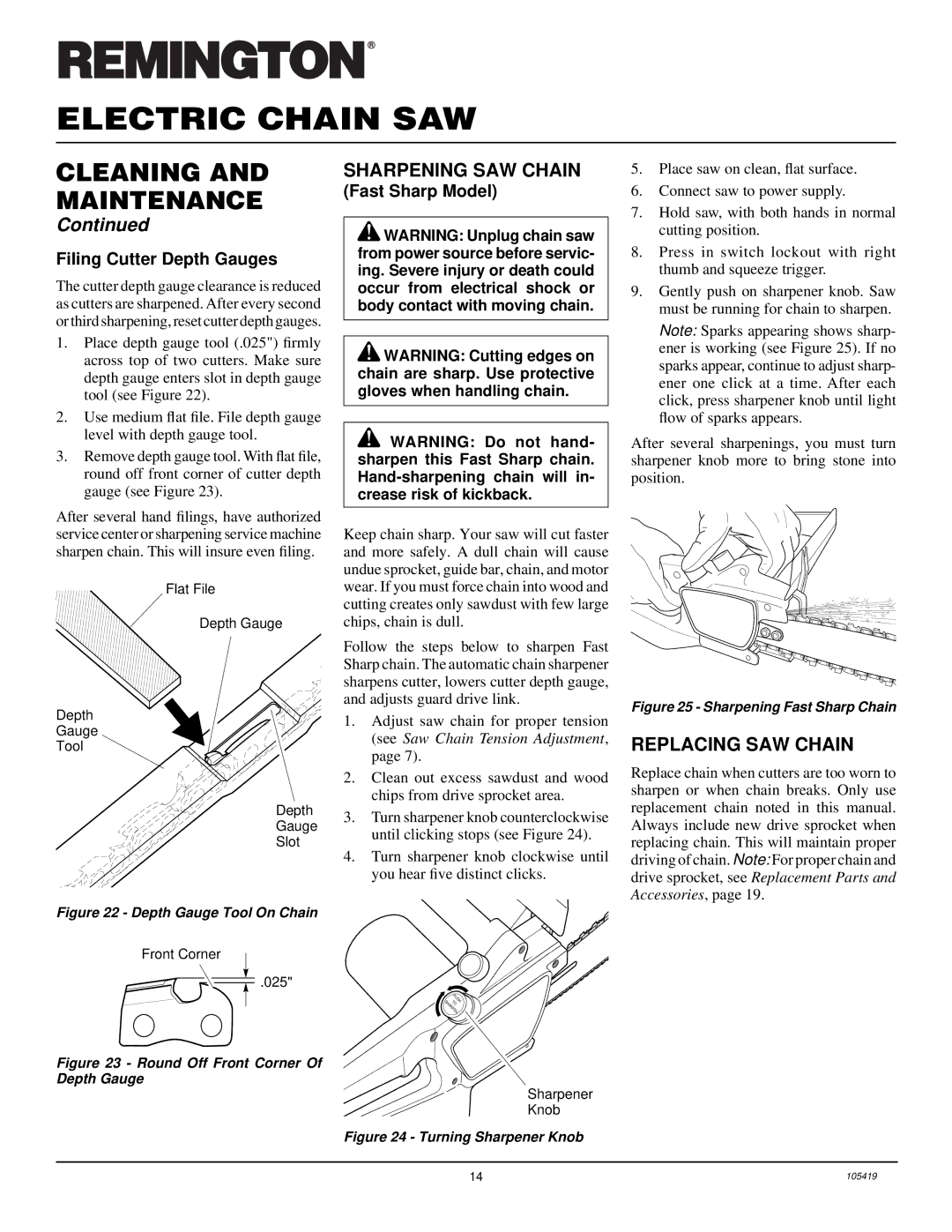 Desa 076702J, 100089-01, 076728K, 104316-04, 075762J, 100015 Replacing SAW Chain, Filing Cutter Depth Gauges, Fast Sharp Model 