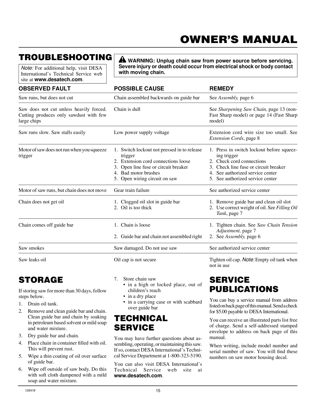 Desa 104316-04, 100089-01, 076728K, 076702J, 075762J, 100015 Troubleshooting, Storage, Technical Service, Service Publications 