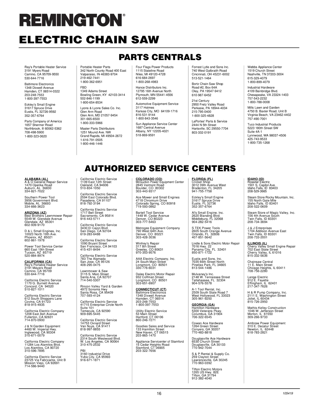 Desa 075762J, 100089-01, 076728K, 076702J, 104316-04, 100015 owner manual Parts Centrals, Authorized Service Centers 