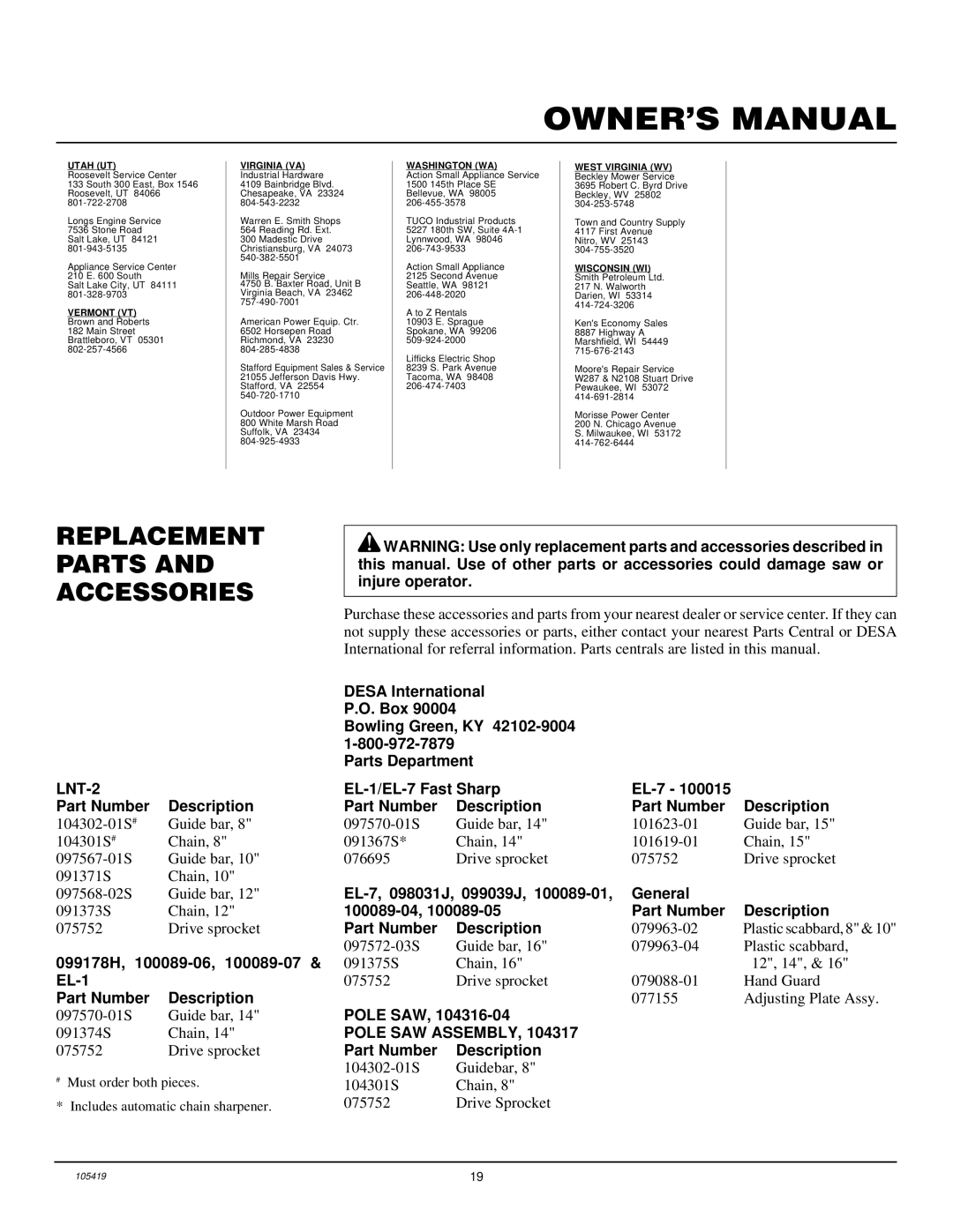 Desa 076728K Replacement Parts and Accessories, 097570-01S Guide bar 091374S Chain 075752 Drive sprocket, 079963-02 