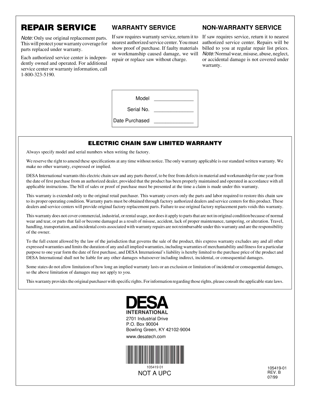 Desa 076702J, 100089-01, 076728K, 104316-04, 075762J, 100015 owner manual Repair Service, Warranty Service NON-WARRANTY Service 